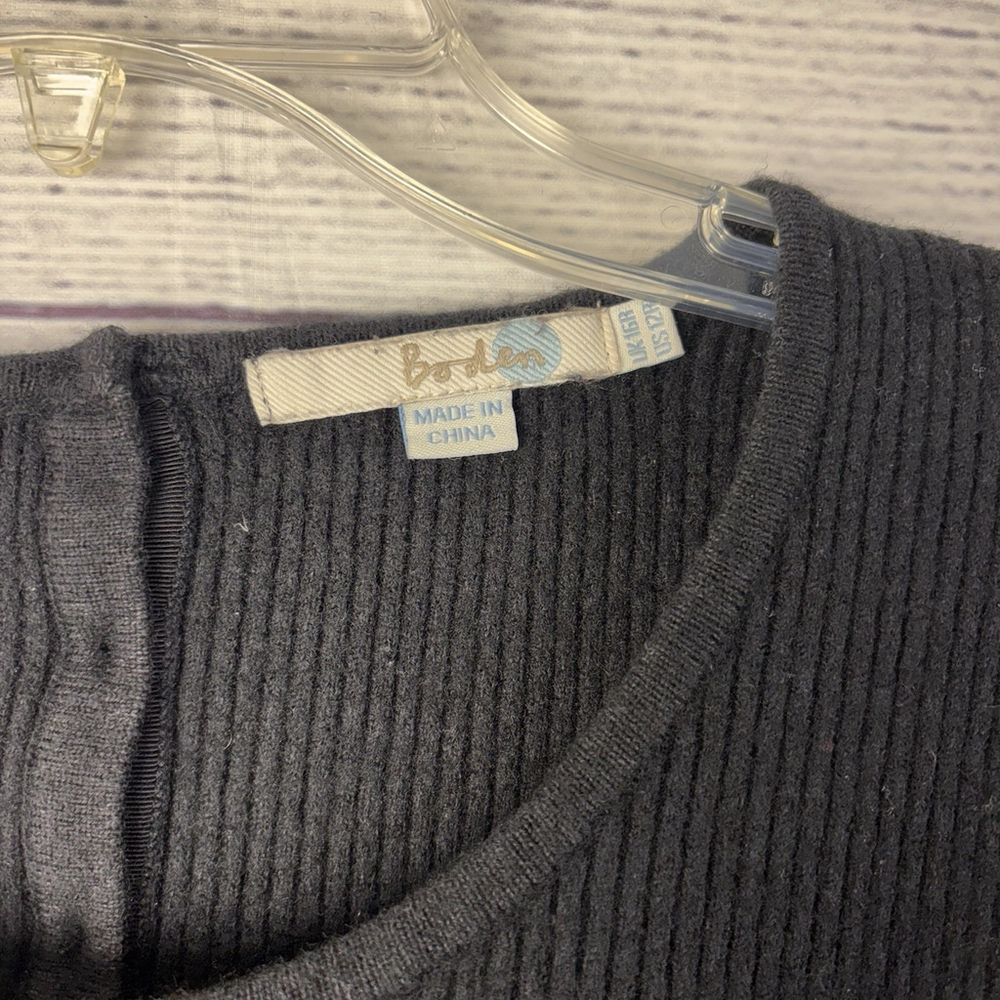 Boden Black Wool Blend Knit Fit & Flare Dress Sz 12 Long Sleeve Back Button Rib - Picture 7 of 9
